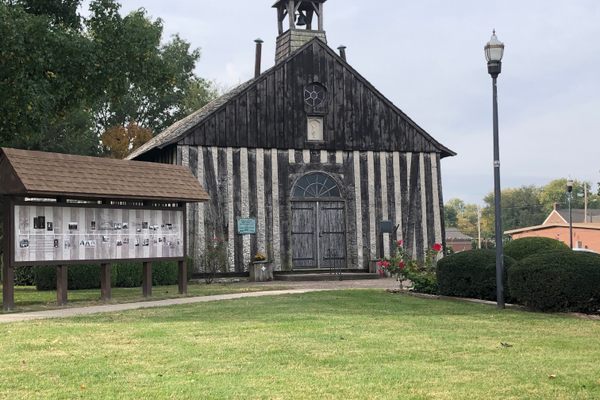 Front of Holy Family Log Church.