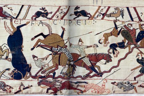 The Norman cavalry charge being met with Anglo Saxon spearmen.