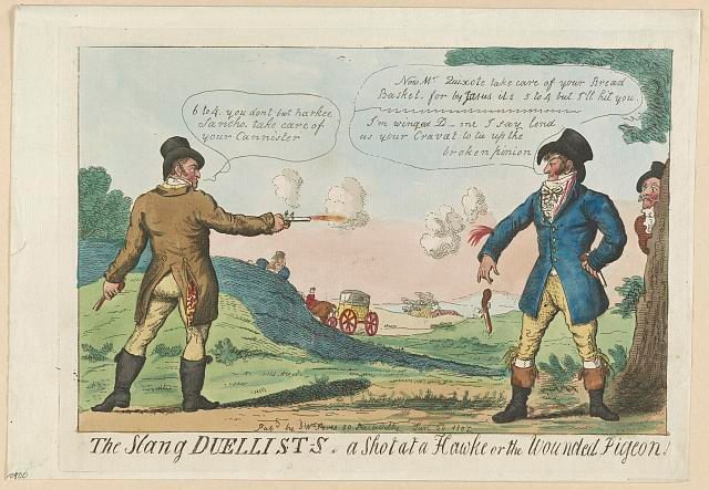 An cartoon illustration of a late 18th century British duel.