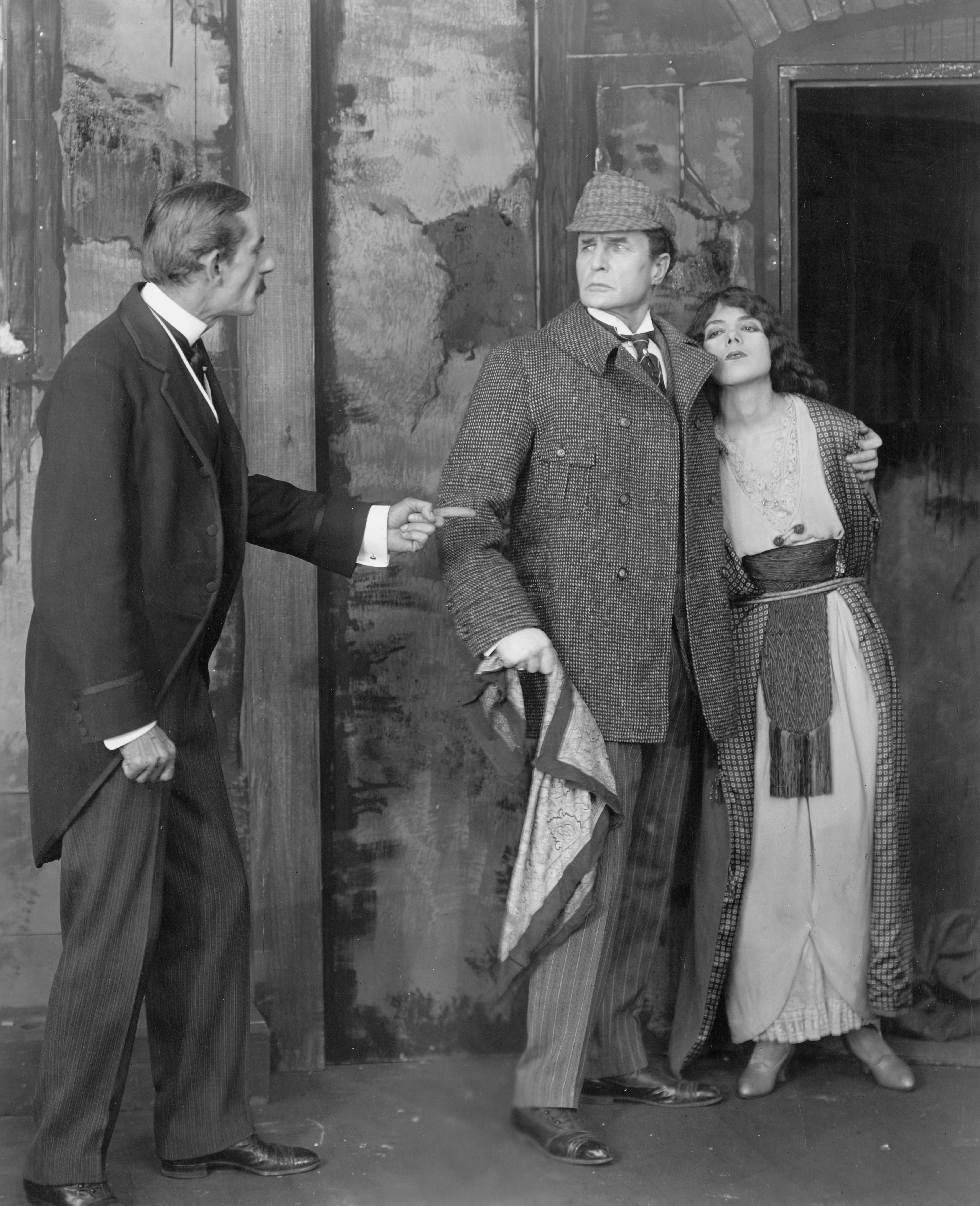 Edward Fielding, William Gilette, and Marjorie Kay in <em>Sherlock Holmes</em> (1916).