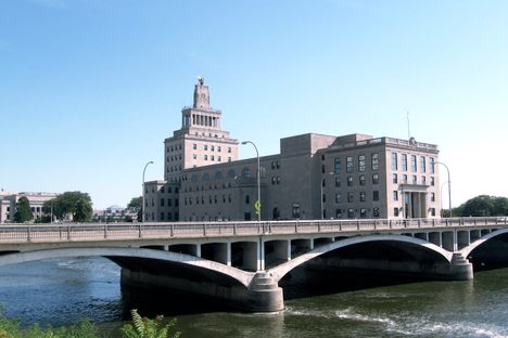 View from the south bank looking north at Mays Island where Cedar Rapids City Hall and Linn County Courthouse are located.