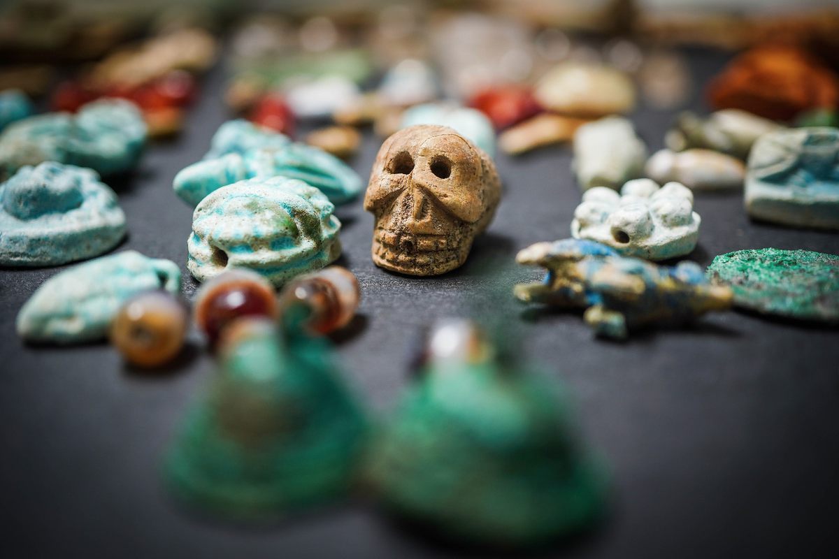 A skull, associated with the Roman idea of <em>memento mori</em>—a reminder that one is mortal.
