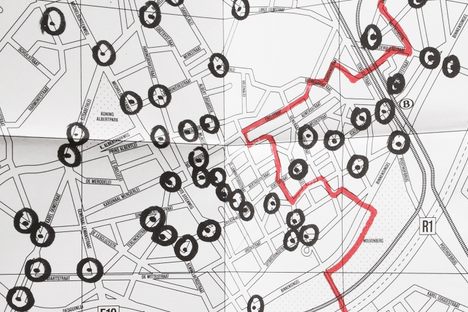 A detail of Maarten Inghel's "The Invisible Route," a map of Antwerp's proliferating security cameras and how to avoid them. 
