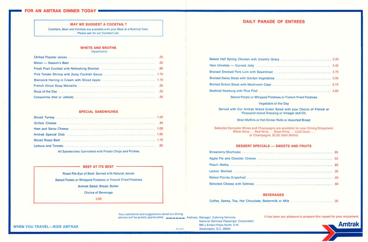 Place Viger Dining Car Menu