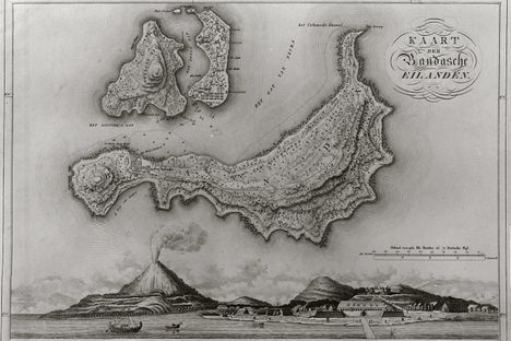 Several Banda islands depicted above a port. The islands were trading centers that depended on imports for food.