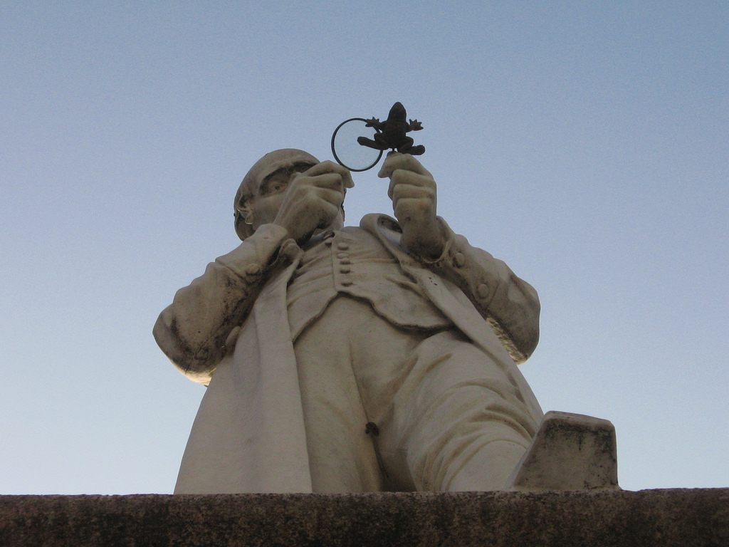 A statue of Lazzaro Spallanzani holding a frog in Scandiano, Italy. 