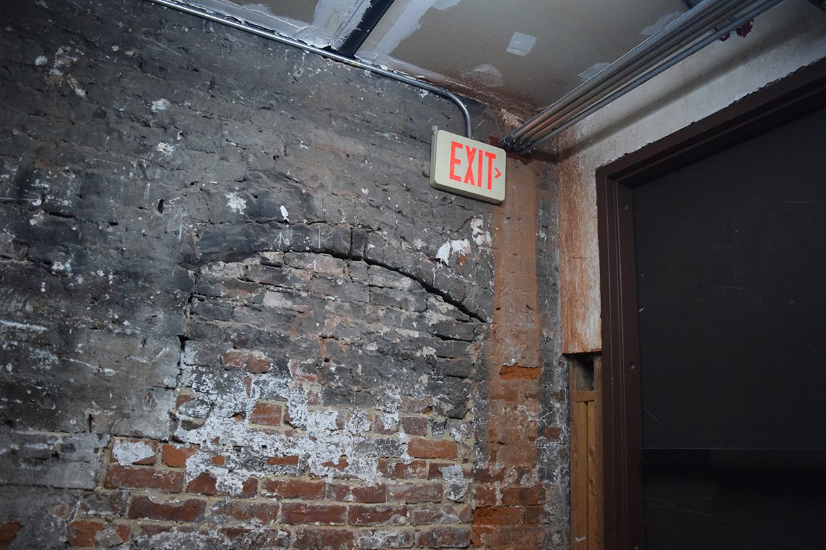 A bricked-in window found in the interior of the Loveman Building. 