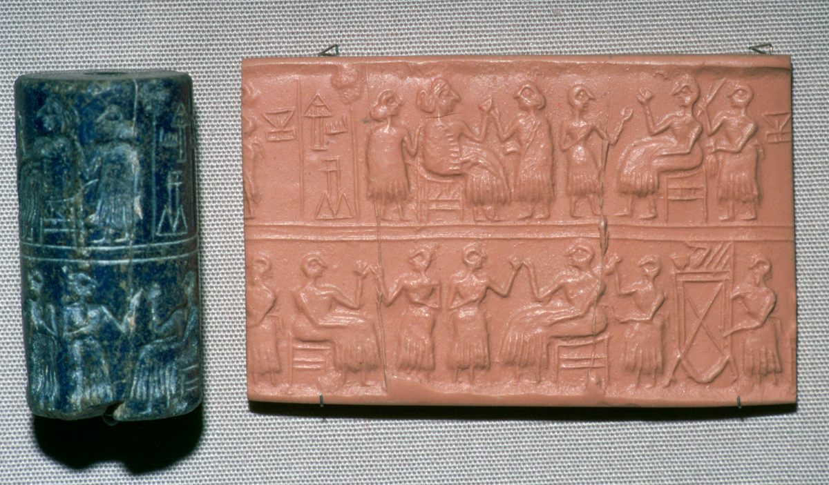 Pu-abi's seal shows her presiding over a lavish banquet. Along with stating her name, the seal gives her title, <em>eresh</em> or "queen."