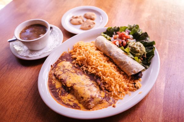 The C.W. Special comes with a cheese enchilada and taco al carbon, cheese enchilada, plus rice and beans.