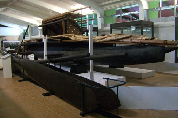 A model boat early Pacific Islands would have used for sailing on the open ocean.