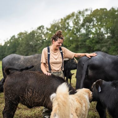 Sarah Roland takes care of a herd of water buffalo.