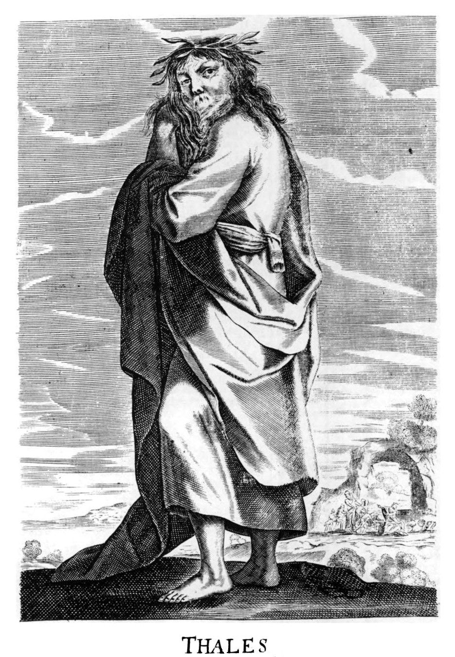 Engraving of Thales by Thomas Stanley, from <em>The History of Philosophy</em>, 1655.
