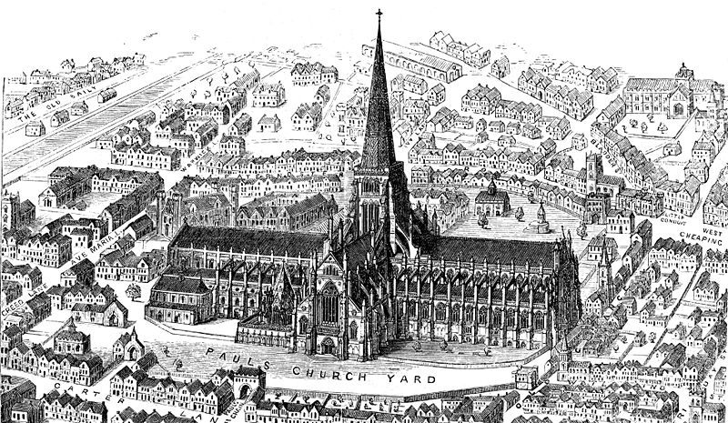 This 20th-century engraving depicts Old Saint Paul's, in London, as it appeared before its spire was destroyed by fire in 1561.