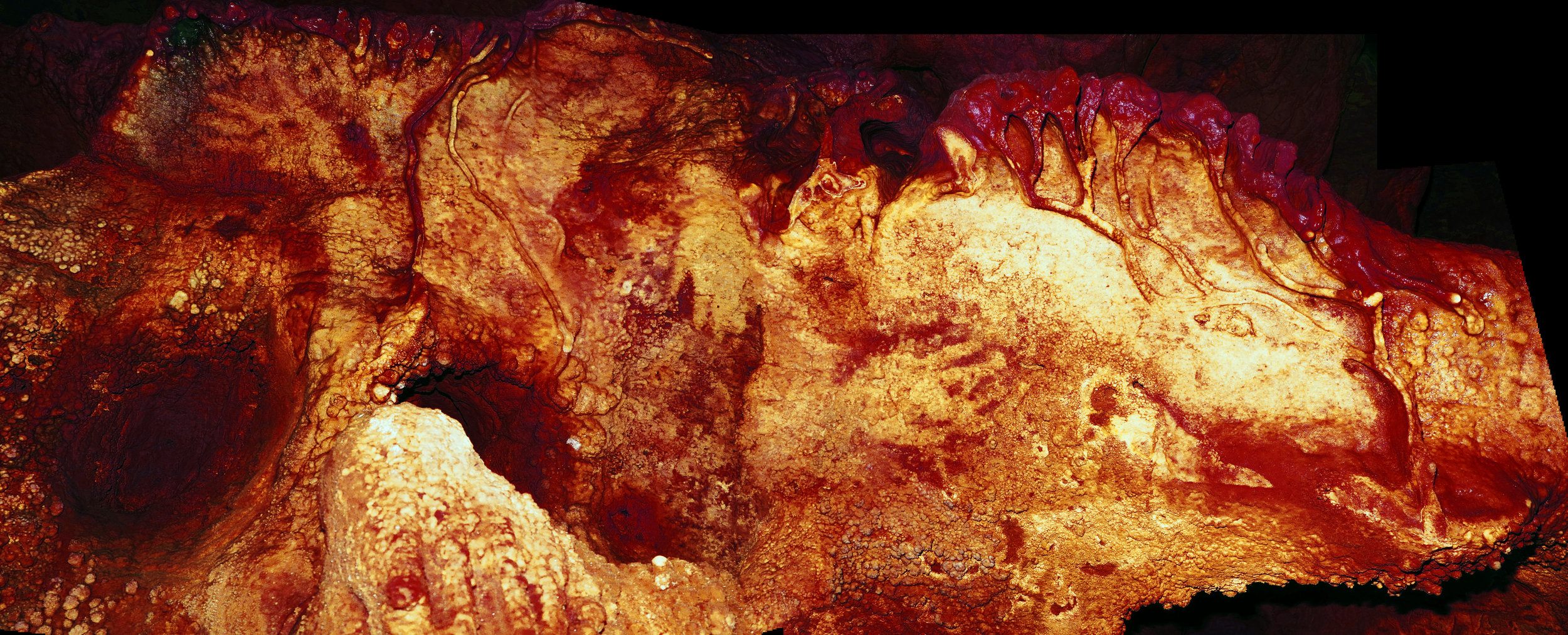 A panel in Maltravieso Cave shows hand stencils (centre right, center top and top left). One has been dated to at least 66,000 years ago and must have been made by a Neanderthal.