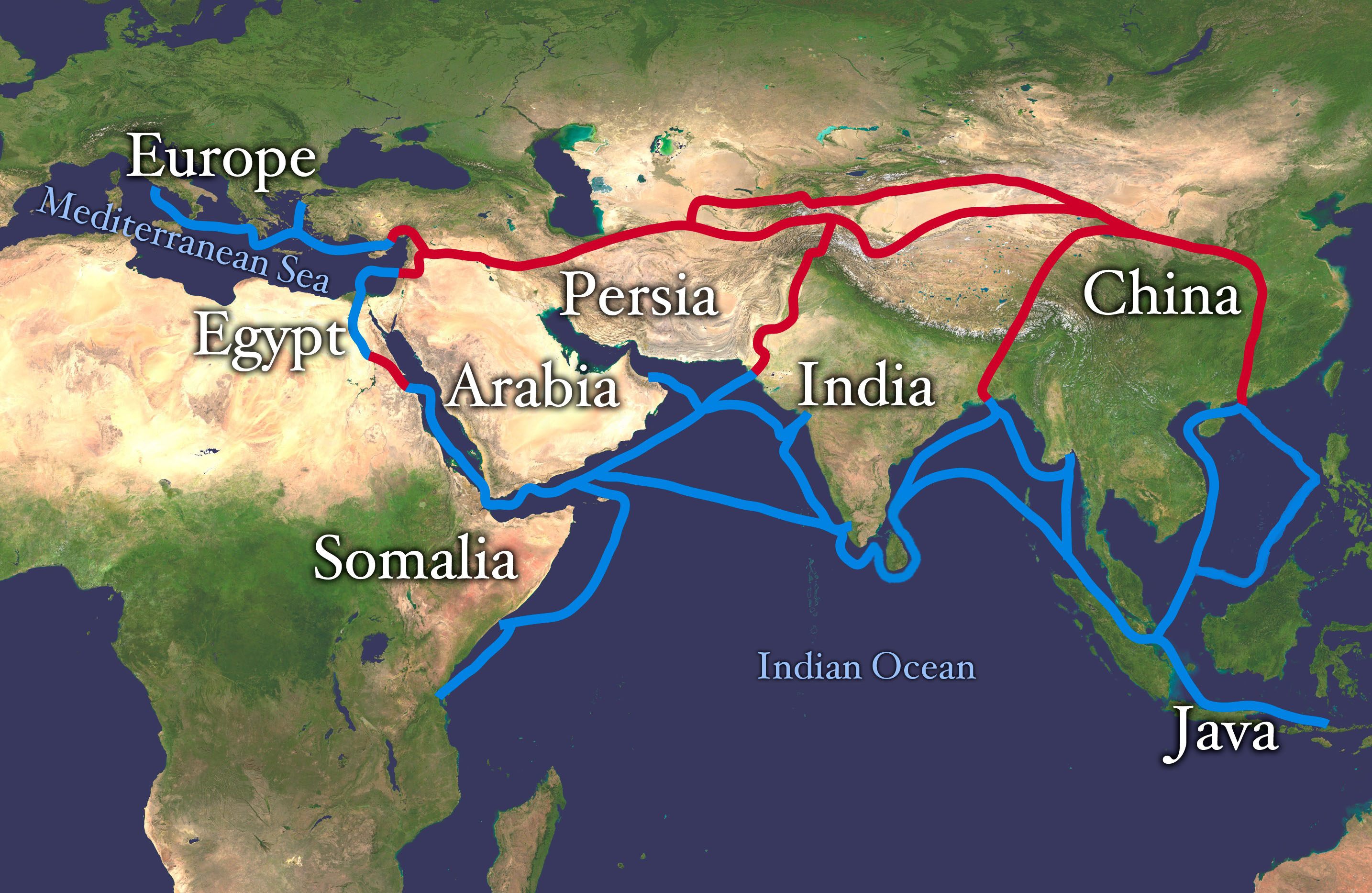 A map showing the Silk Road in red and the spice trade routes in blue. On the right, the routes stretch from India down through the Strait of Malacca, past Singapore and Indonesia and up to China.