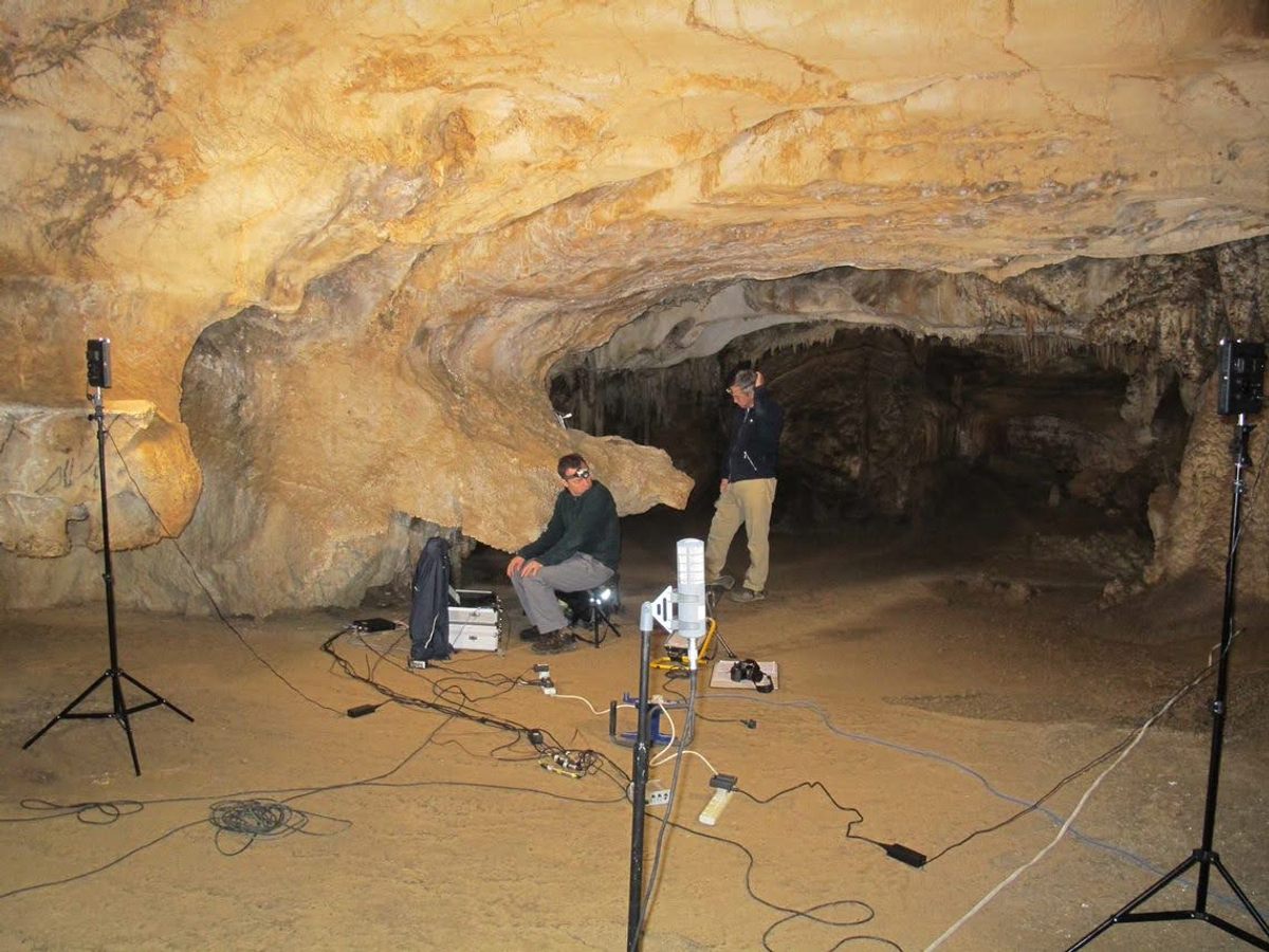Members of sound archaeologist Rupert Till's team set up equipment that will help them map how volunteers use echolocation to learn their surroundings when the lights go out.