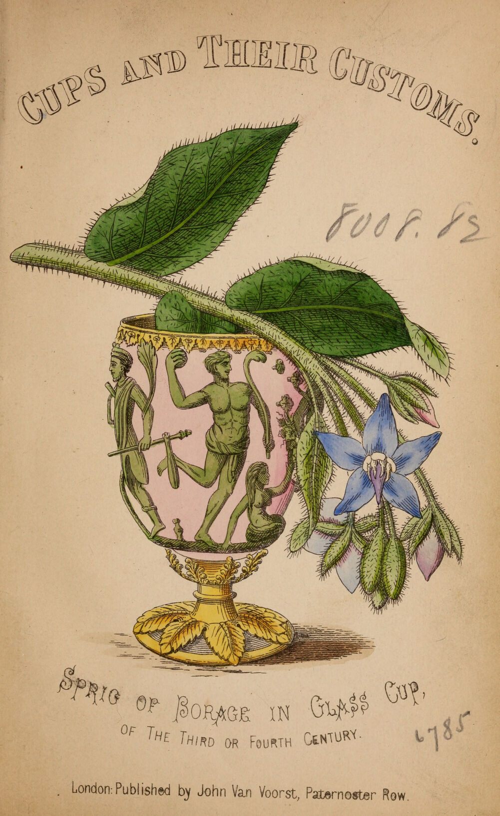 An illustration from an 1863 book, of a cup garnished with a sprig of borage.
