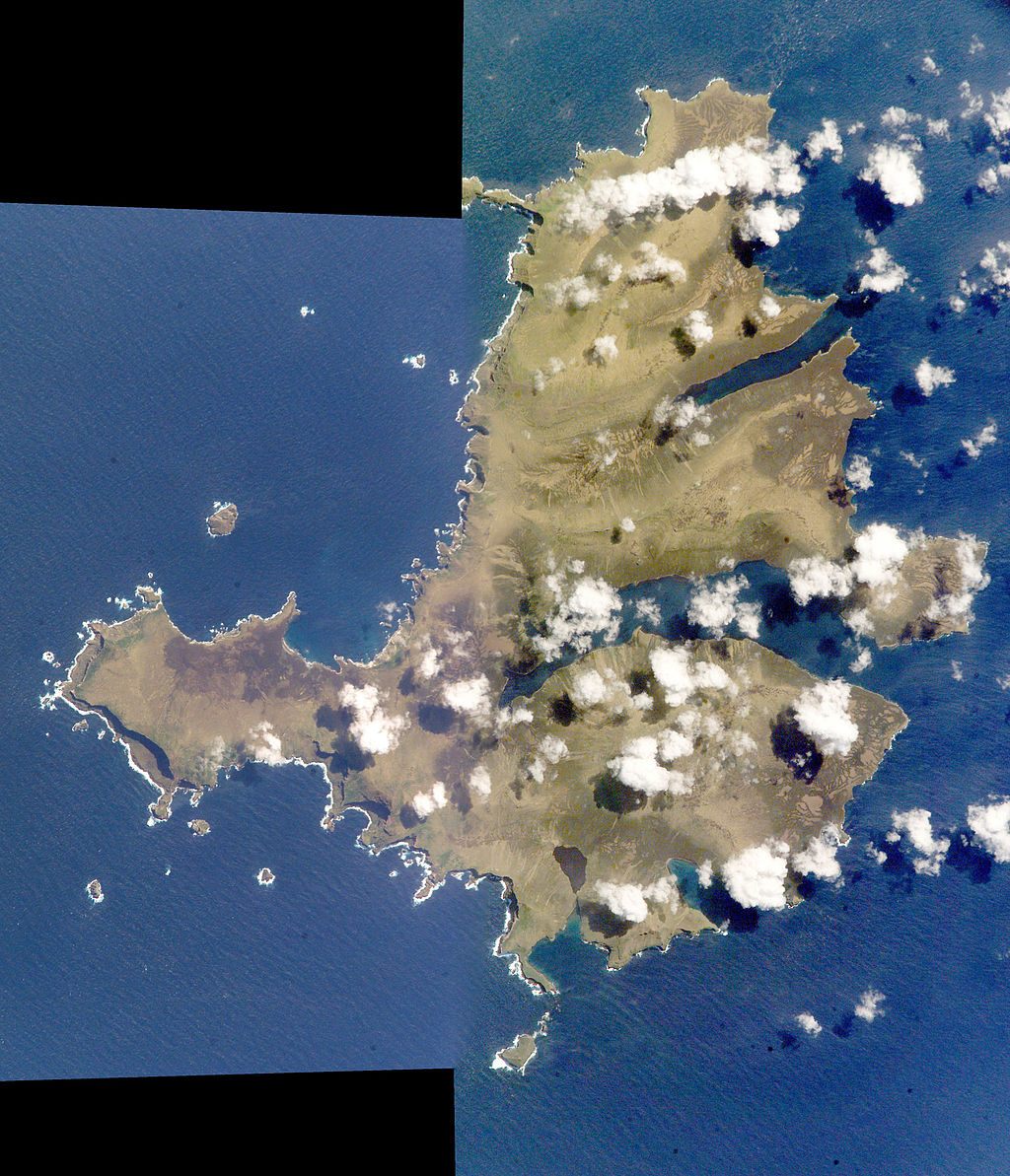 A composite view of Campbell Island, made with photos taken from the International Space Station.