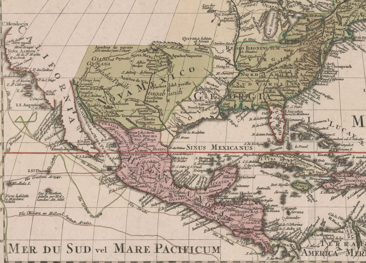 Map published in 1772 by Augsburg cartographer Tobias Lotter, based on earlier work by Guillaume de l’Isle. Rather than choosing between a peninsular or an insular version California, it hedges its bets by blanking out the northern part of the narrow ‘Californian Sea’.