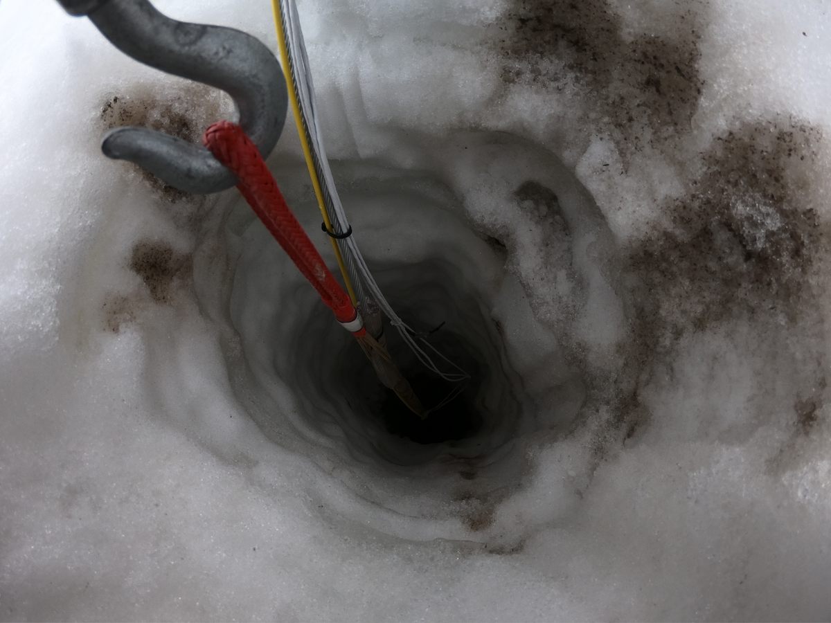 An eerie hole leads through 1,000 feet of ice, to a seafloor nearly half a mile below. Instruments were lowered through the hole and permanently frozen in to monitor ocean currents, temperature, and melting on the underside of the ice shelf.