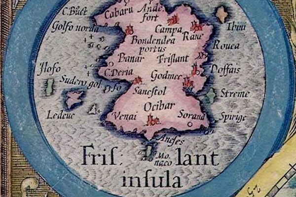 A detail of the fictional Frisland, from a 1623 map of the North Pole.