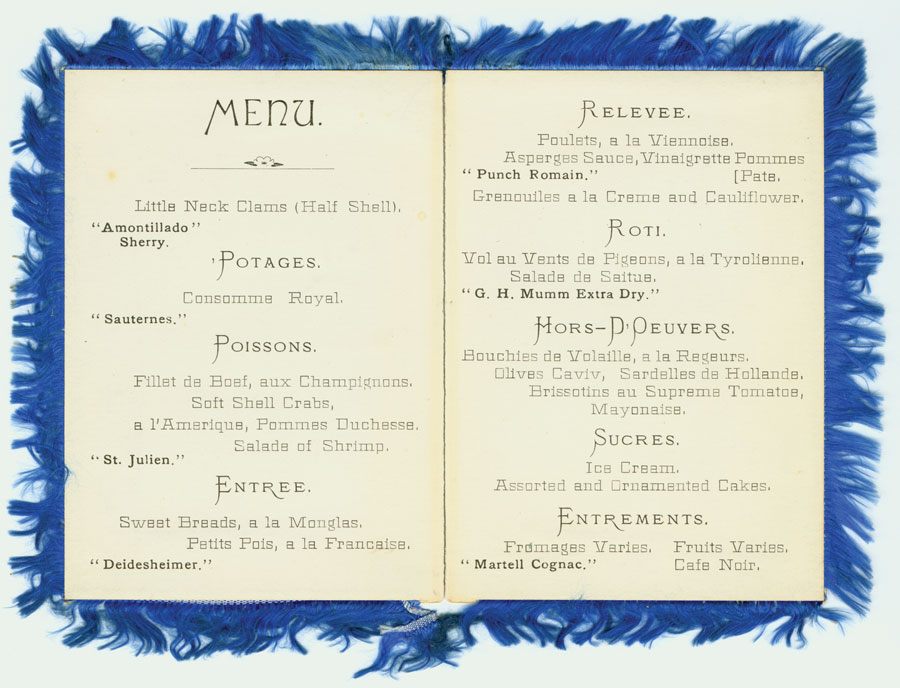 The menu for the original treyf banquet, held to honor the ordination of the first class of rabbis of the Hebrew Union College in 1883. 