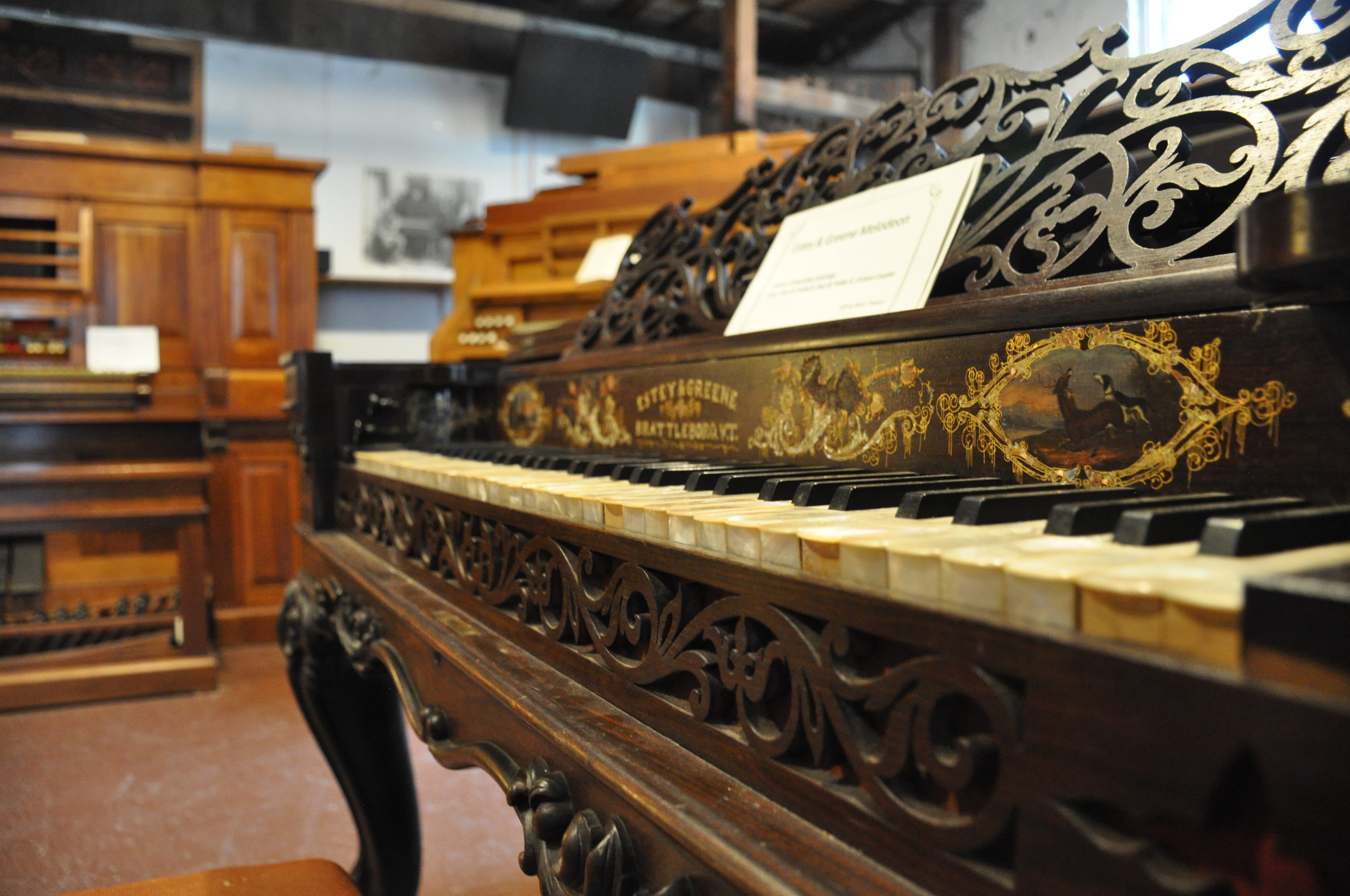 A mother of pearl–keyed Melodeon, one of the more elaborate Estey organs, in the museum. 