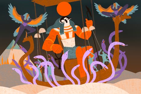 Each night during his journey across the netherworld, the sun god Ra's barque crosses the desert Rostau, realm of the falcon god Sokar, borne by snakes.