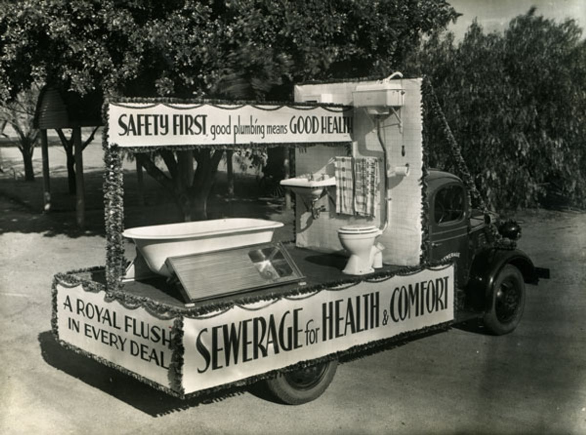 Toilets and plumbing—pictured here at an outdoor demonstration in Adelaide in 1936—are all well and good, until someone gunks them up with trash and oils or fats.