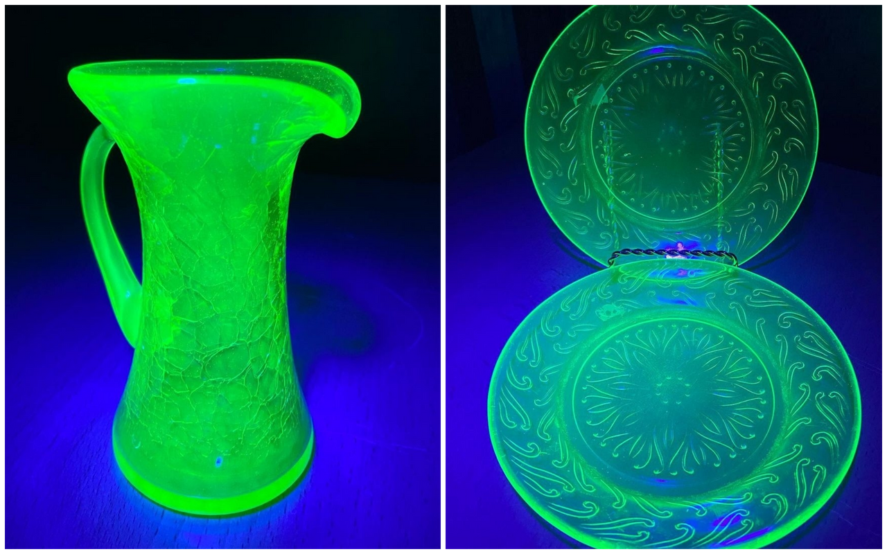 A small uranium-glass pitcher (left) and uranium glass plates (right).
