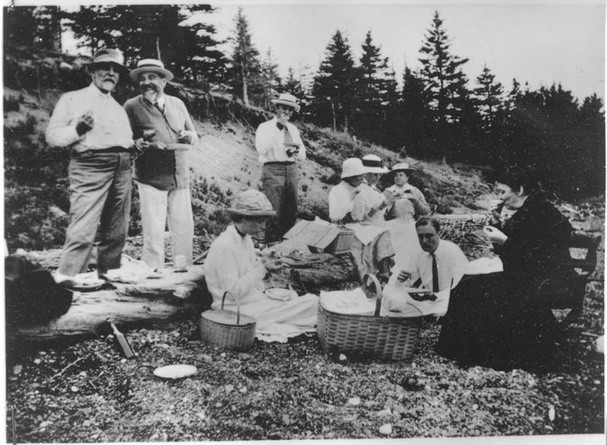 Franklin D Roosevelt and Eleanor Roosevelt with Sara Delano Roosevelt at a picnic in New Brunswick Canada 1906