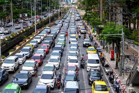 Cars at a standstill in rush hour in Bangkok on May 25, 2020, following the lifting of the city's pandemic restrictions. 