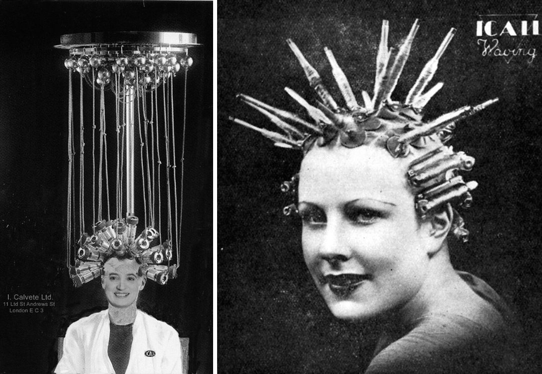 photos of a man all wired up to an antique perm machine