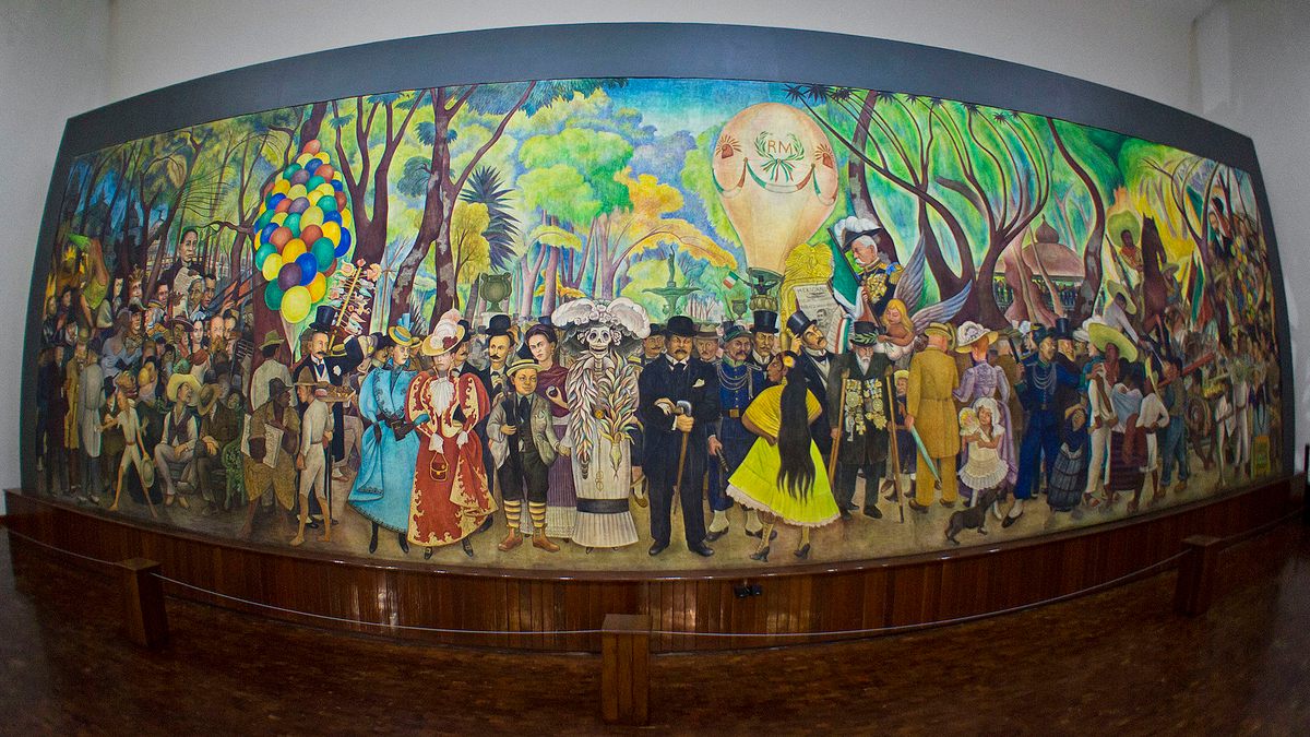 Diego Rivera's <em>Sueño de una Tarde Dominical en la Alameda Central</em> features Posada arm in arm with La Catrina.