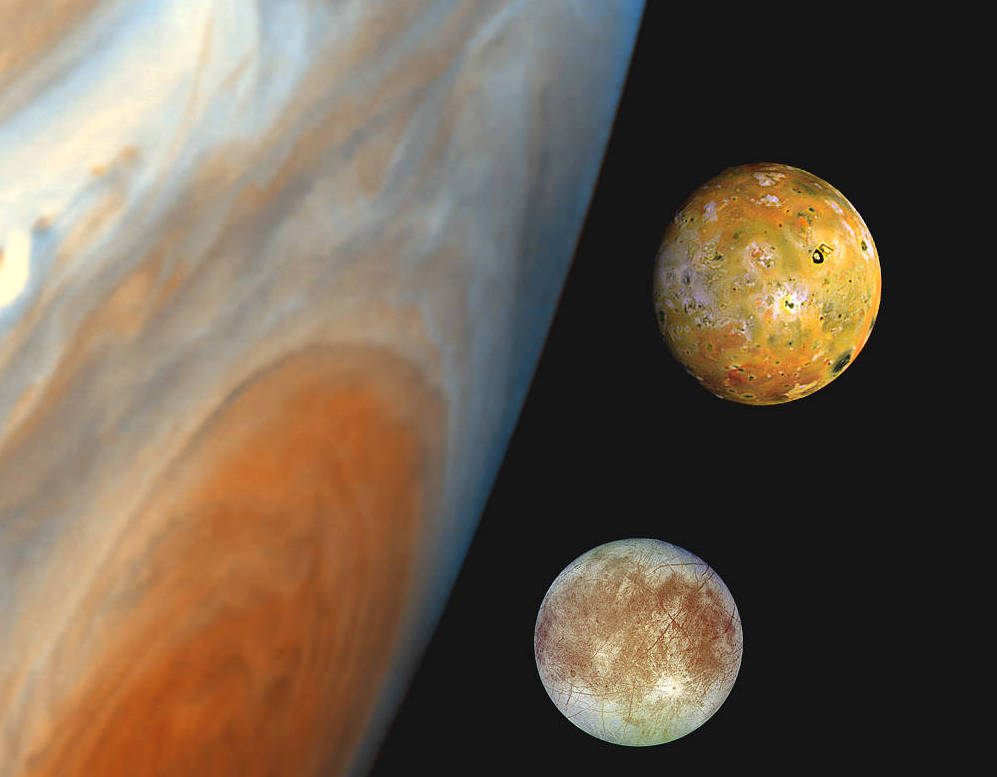 Jupiter has dozens of moons, including the large Galilean satellites, including Io and Europa, in this composite image.