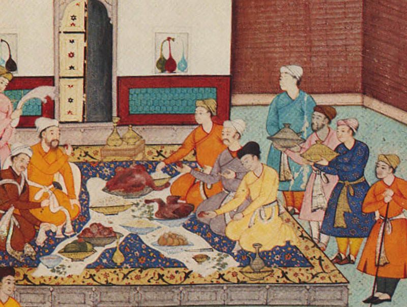 A banquet with roast goose.