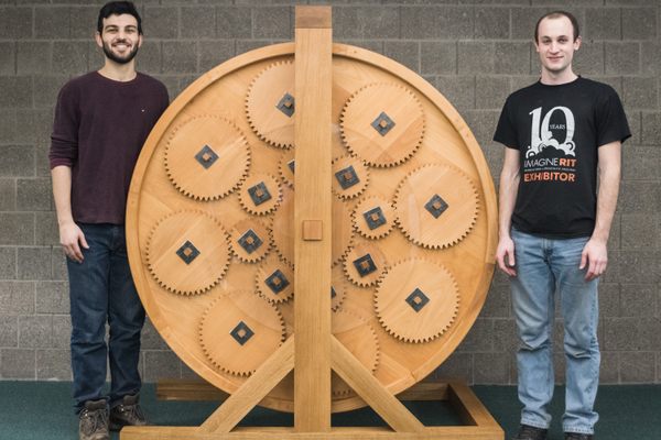 Ian Kurtz and Reese Salen (pictured) built the bookwheel with fellow RIT engineering students Matt Nygren and Maher Abdelkawi.