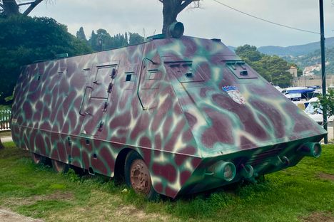 Croatian Majsan Armored Vehicle displaying its unique camouflage and Croatian national crest on the front.