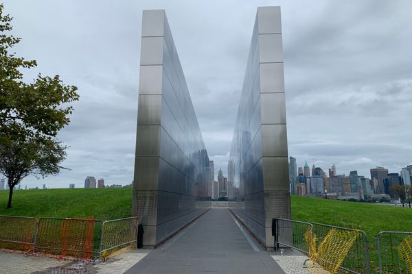 This stark memorial visually echoes the Twin Towers.