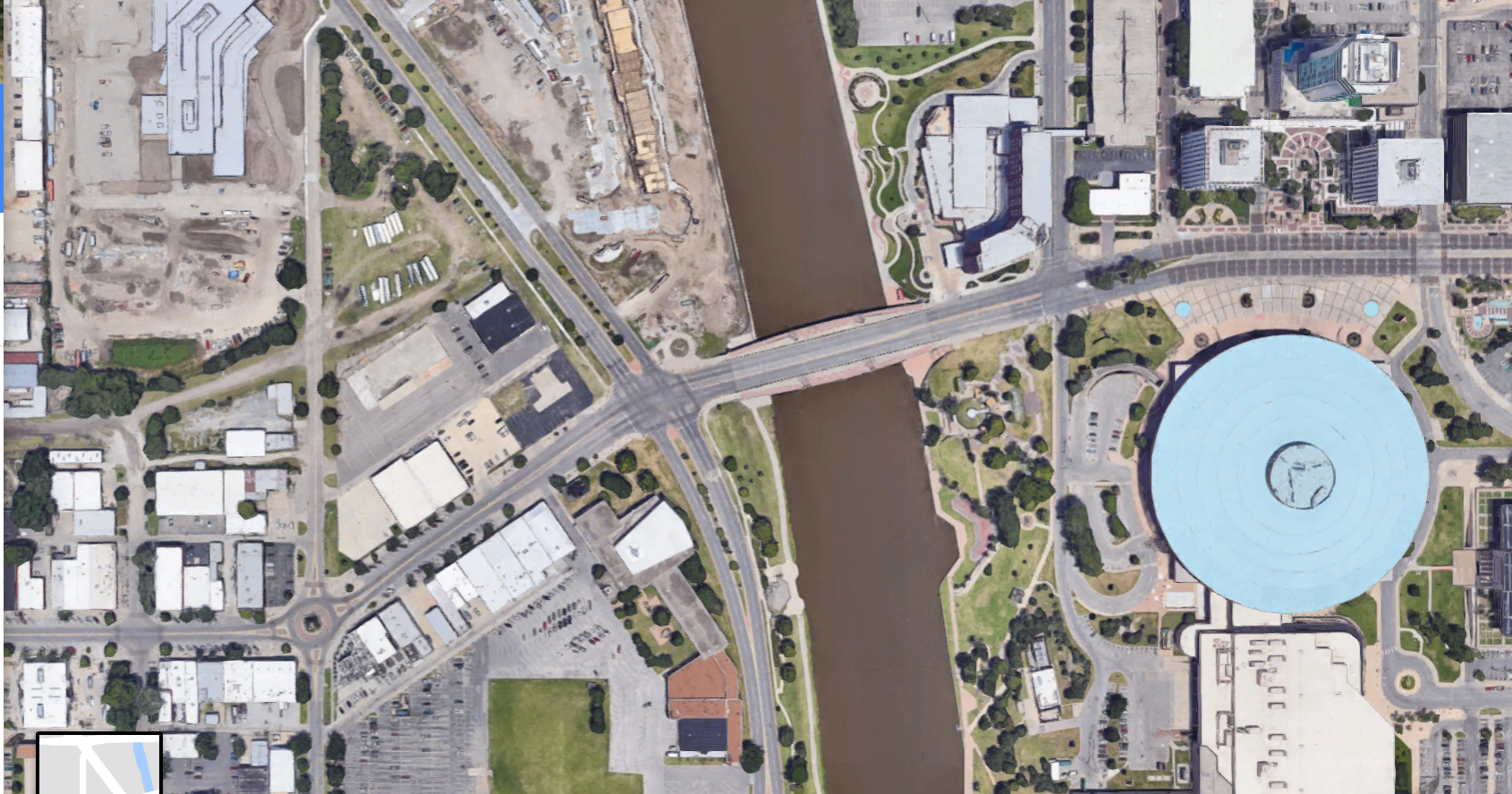 A current view of where the Douglas Avenue Bridge crosses the Arkansas River—the site of much excitement, then disappointment, in 1906.