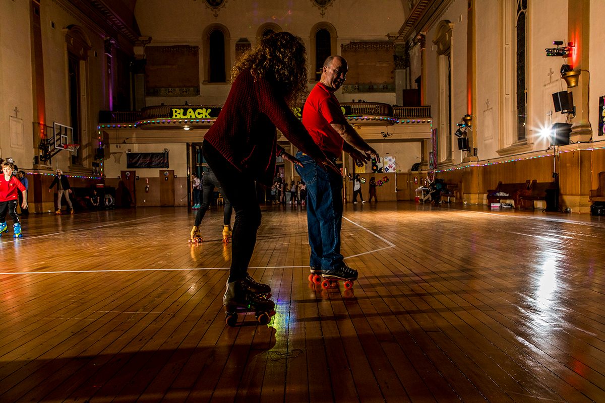 During the less crowded five-to-seven p.m. time slot, beginners can receive some roller-skating tips from members of the 8 Wheels group.