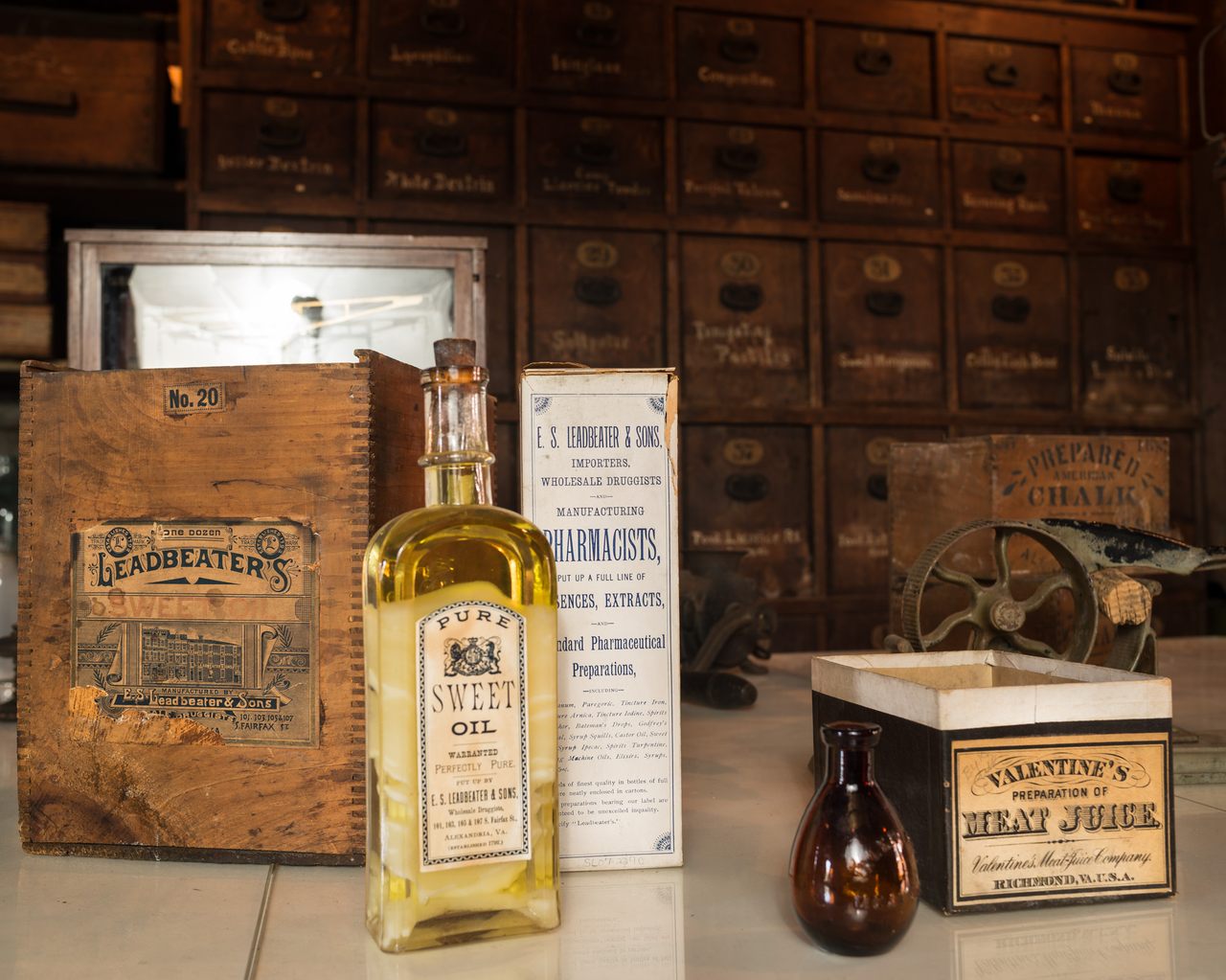 The label for Meat Juice (bottom right) often attracts visitors' attention at the Apothecary Museum.