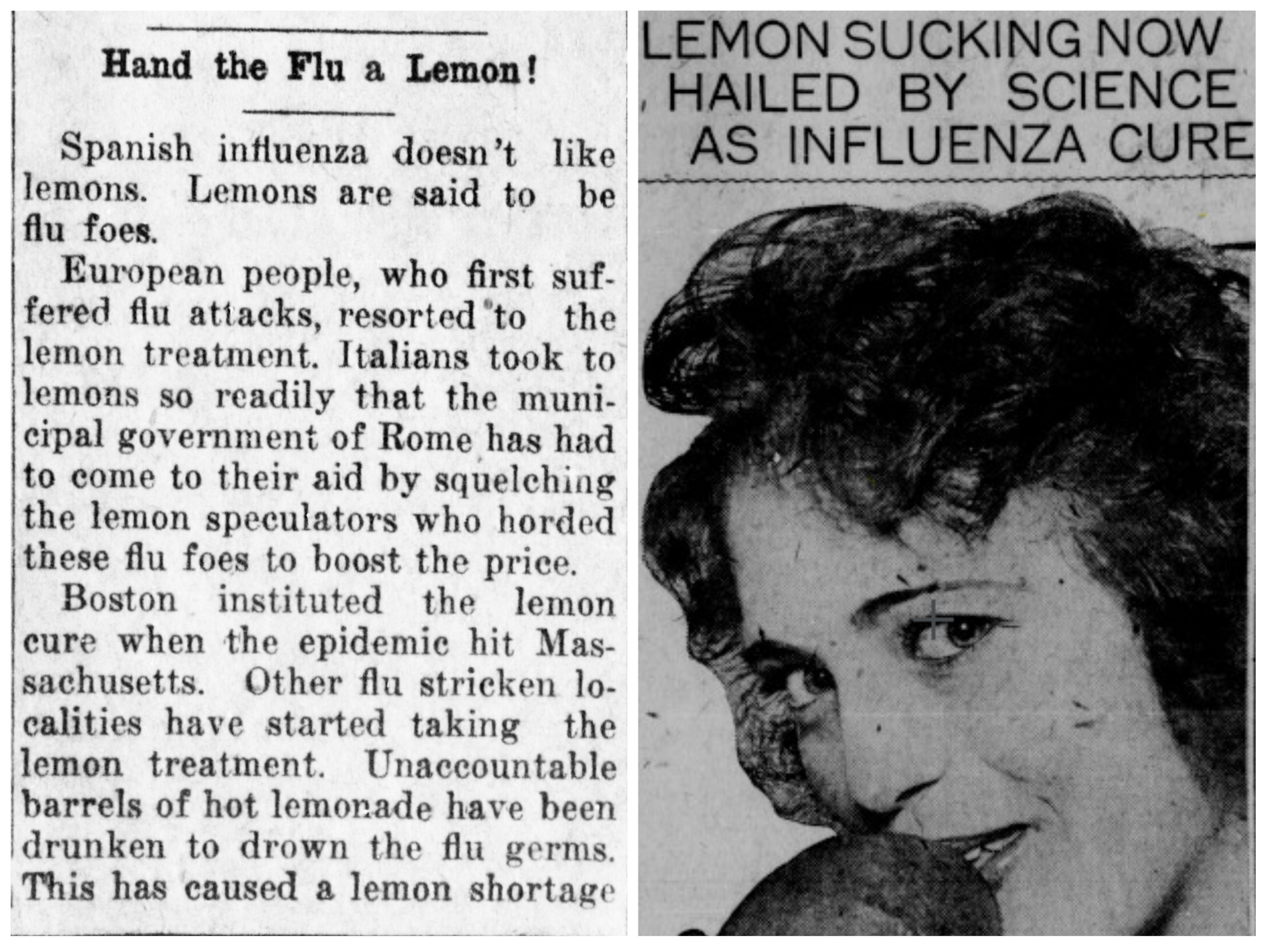 American newspaper articles from 1918. The one on the right appeared on the front page of the <em>Los Angeles Herald</em> and noted that lemons also "clear complexions" and restore the bloom of youth.