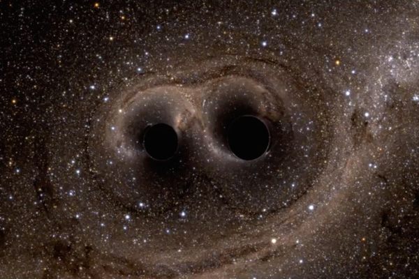 A computer simulation of the two colliding black holes that spawned the first gravitational waves ever detected.