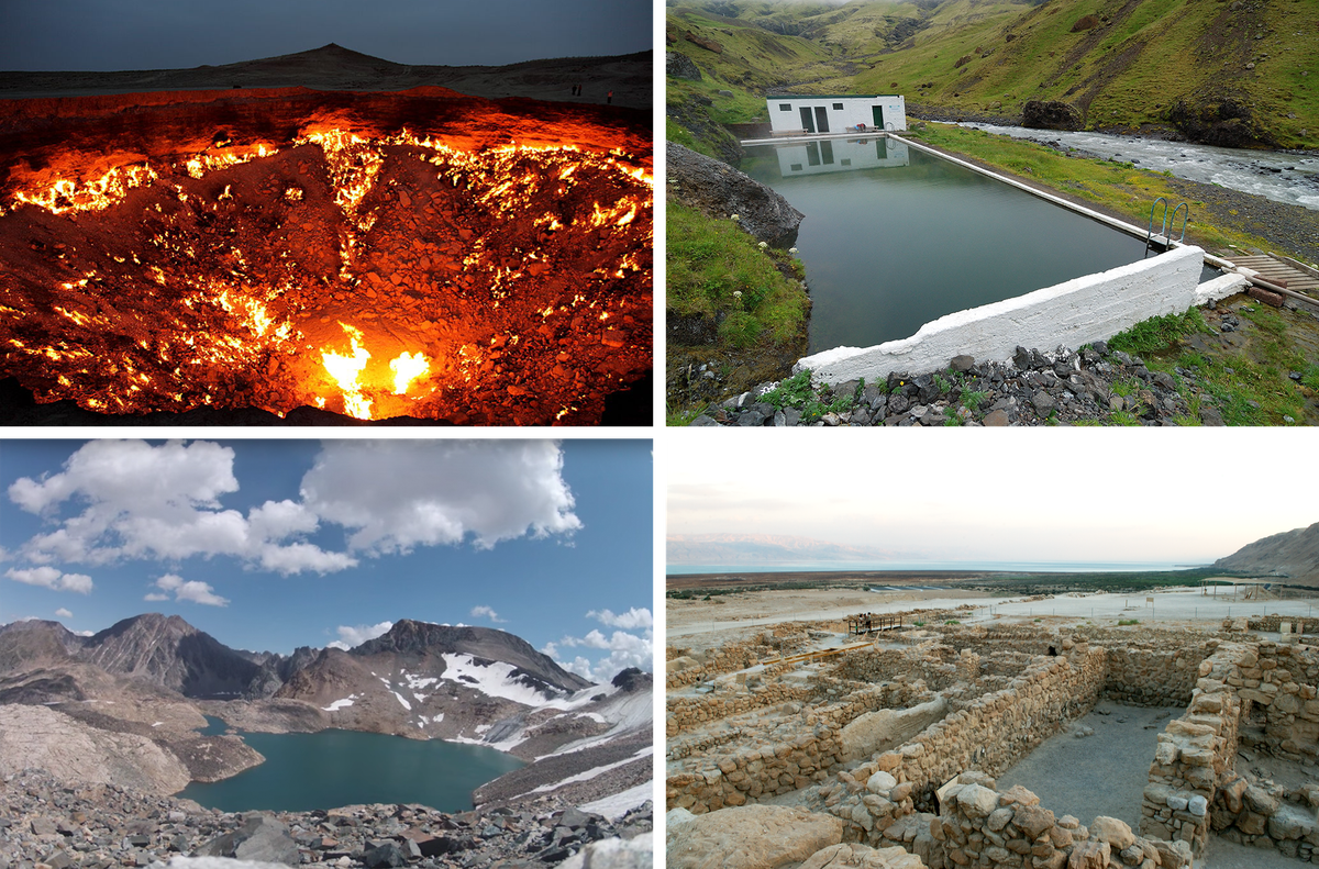 Some of the places we'll visit in The Atlas Obscura Podcast (clockwise from top left): The Gates of Hell, Turkmenistan; Seljavallalaug, Iceland; Qumran, West Bank; Grasshopper Glacier, Montana.