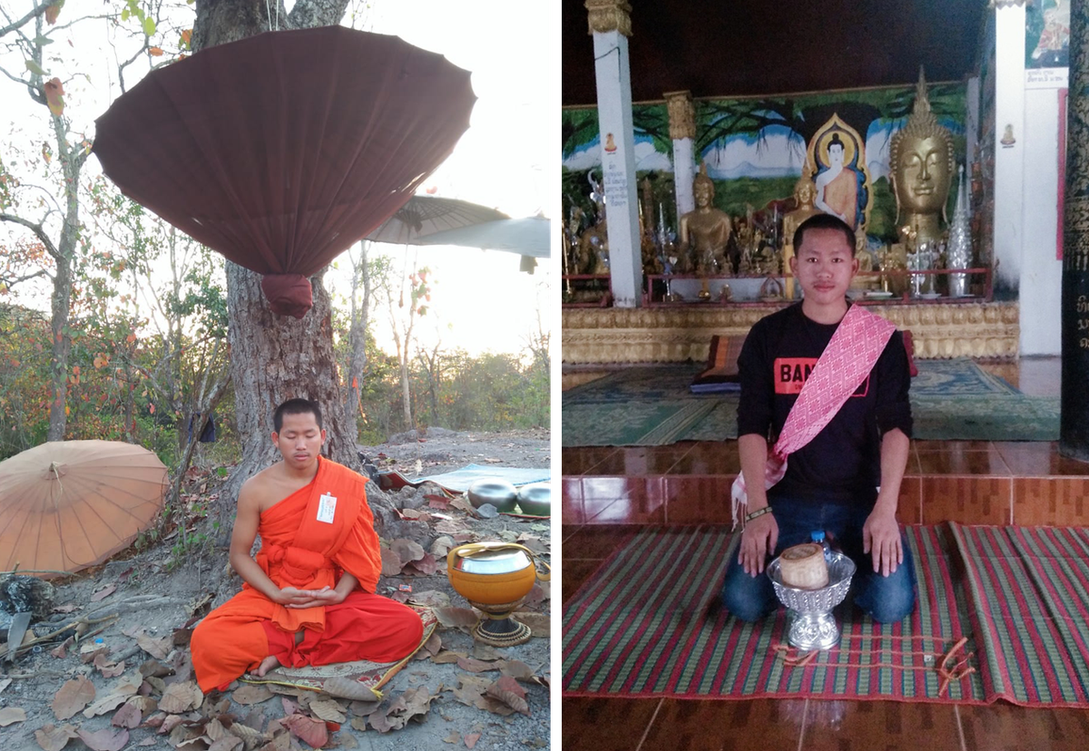 At left, Sunti SouliPhone sits under a tree in Luang Prabang, during his time as a novice. At right, he kneels as a layman.