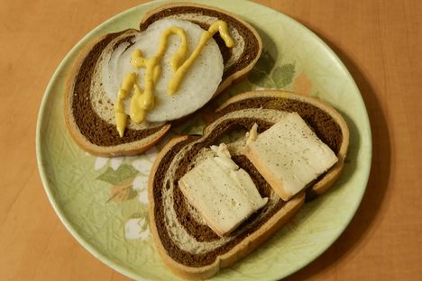 Rye bread, Limburger, onion, mustard, salt, and pepper