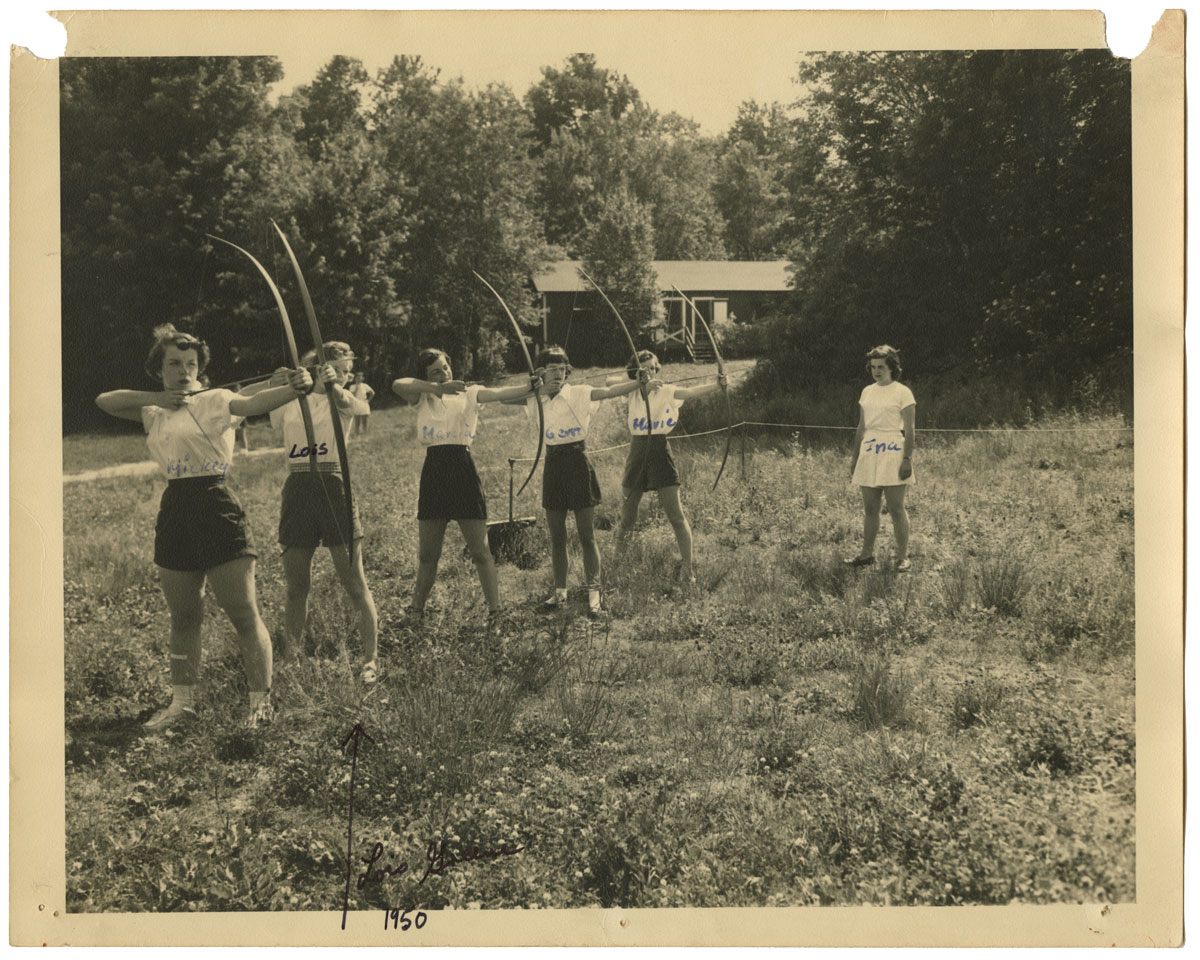 Archery lessons at Camp Watitoh, Becket, Massachusetts, c. 1950.