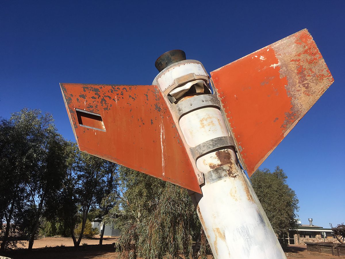 Rocket memorabilia outside the William Creek Hotel, Woomera. 