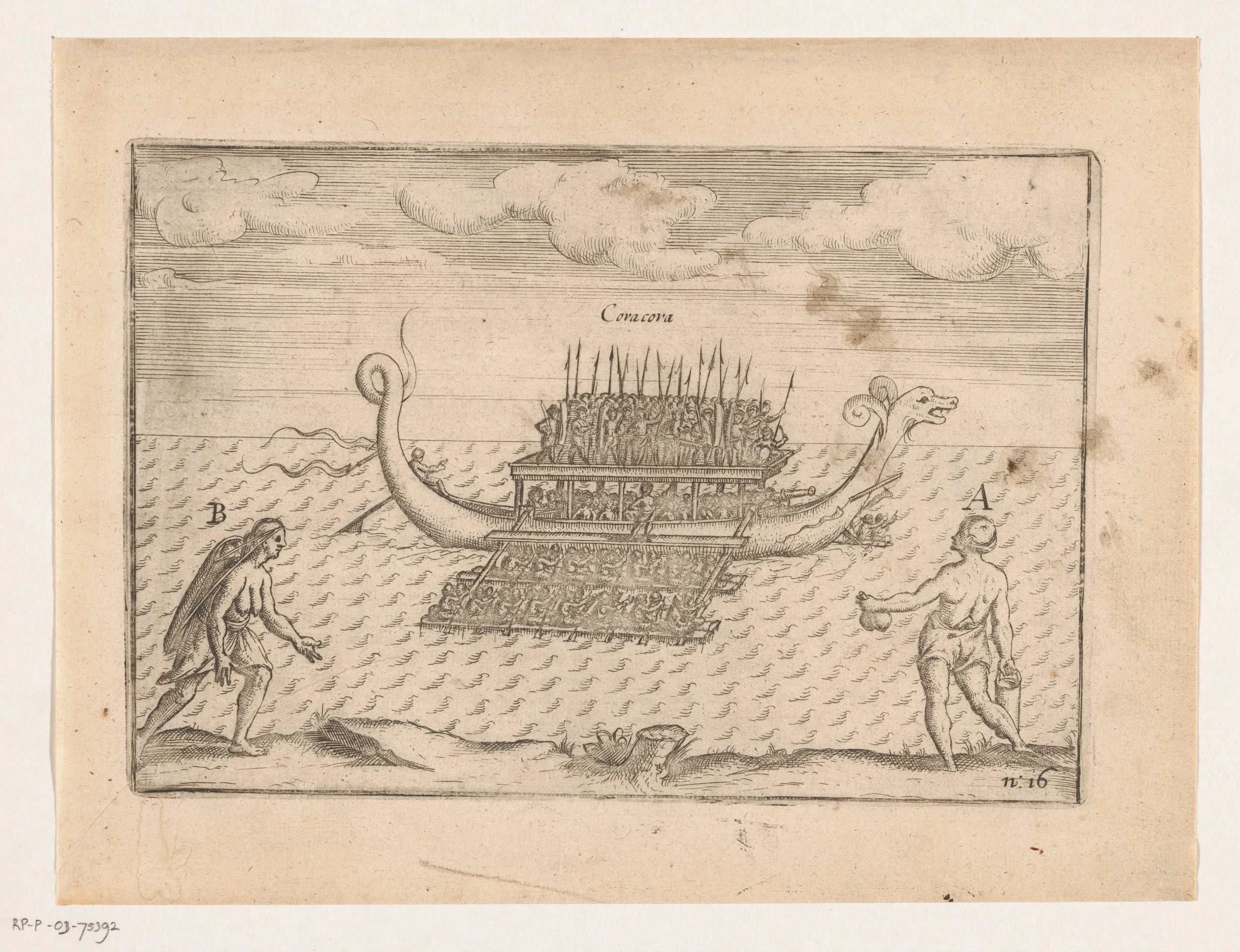 An illustration from the travel report of a Dutch expedition to the East Indies shows a Banda warship with rowers.
